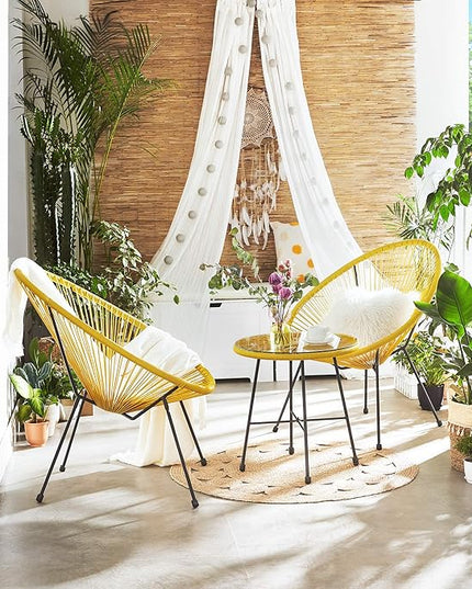 SONGMICS 3-Piece Outdoor Seating Acapulco Chair, Modern Patio Furniture Set, Glass Top Table and 2 Chairs, Indoor and Outdoor Conversation Bistro Set, Yellow UGGF011Y01 - LeafyLoom