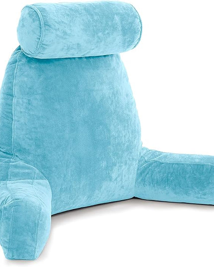 Husband Pillow XXL Carolina Blue Backrest with Arms, Adult Reading Pillow Shredded Memory Foam, Ultra-Comfy Removable Microplush Cover & Detachable Neck Roll, Unmatched Support Bed Rest Sit Up Pillow - LeafyLoom