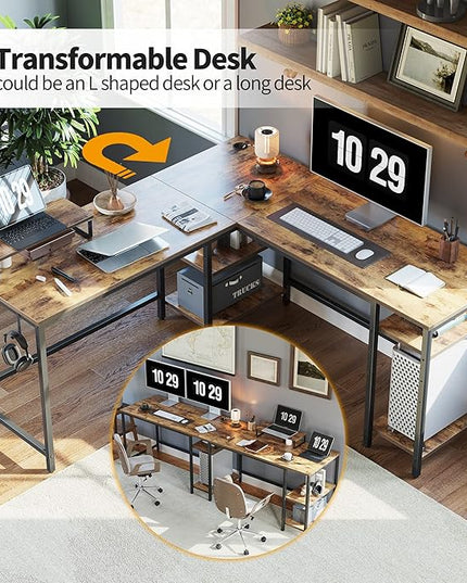 CubiCubi L Shaped Desk, 59.1 inch Reversible Corner Desk with Storage Shelves, Home Office Desk with Monitor Stand, Rustic Brown - LeafyLoom