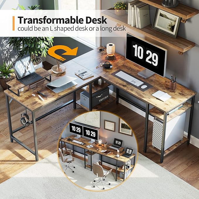 CubiCubi L Shaped Desk, 59.1 inch Reversible Corner Desk with Storage Shelves, Home Office Desk with Monitor Stand, Rustic Brown - LeafyLoom