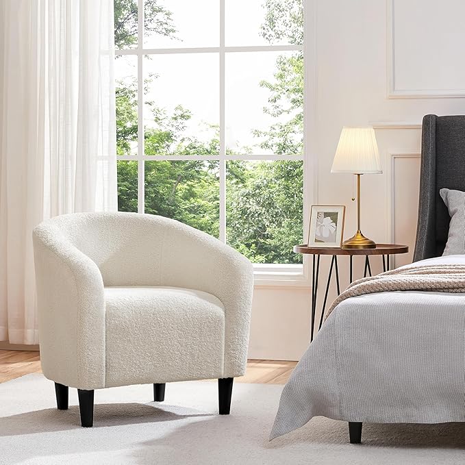 Yaheetech Accent Barrel Chair, Faux Fur Club Chair, Furry Sherpa Elegant and Cozy, Soft Padded Armchair, Suitable for Living Room Bedroom Reception Room Office, Ivory - LeafyLoom