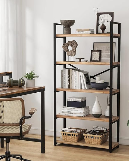 5 Tier Bookshelf Rustic Industrial Style, Storage Shelves, Metal Book Shelves Bookcase Book Shelf Display Shelf for Home Office, Living Room, Bedroom, Kitchen (31.5" W, Brown) - LeafyLoom