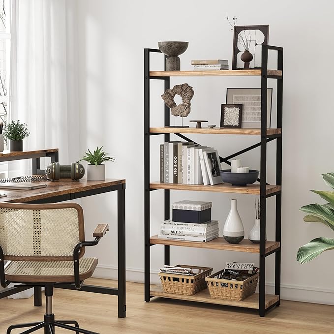 5 Tier Bookshelf Rustic Industrial Style, Storage Shelves, Metal Book Shelves Bookcase Book Shelf Display Shelf for Home Office, Living Room, Bedroom, Kitchen (31.5" W, Brown) - LeafyLoom