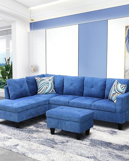 L-Shaped Sectional Couches with 66.5'' Chaise Lounge & Storage Ottoman Modular Room Sofas for Home Office Apartment, Large Living Furniture, 97'' Left Hand Facing, Blue Linen - LeafyLoom