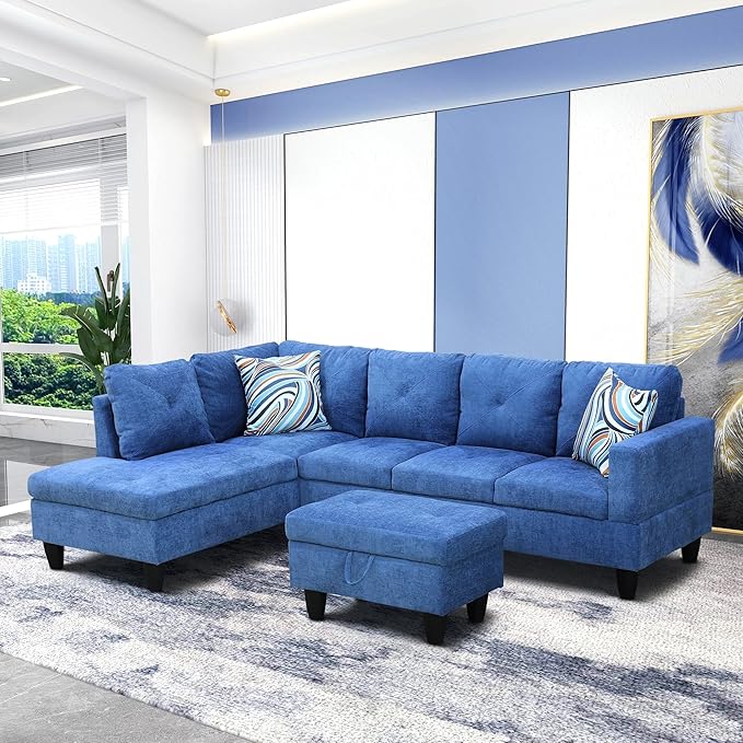L-Shaped Sectional Couches with 66.5'' Chaise Lounge & Storage Ottoman Modular Room Sofas for Home Office Apartment, Large Living Furniture, 97'' Left Hand Facing, Blue Linen - LeafyLoom