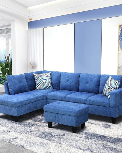 L-Shaped Sectional Couches with 66.5'' Chaise Lounge & Storage Ottoman Modular Room Sofas for Home Office Apartment, Large Living Furniture, 97'' Left Hand Facing, Blue Linen - LeafyLoom