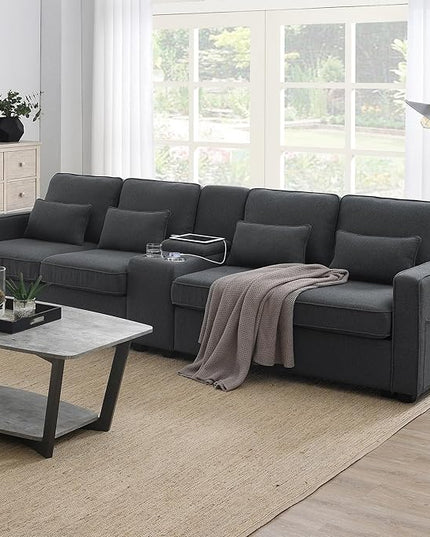 114" Modern Sofa, 4-seat Couch with Console, 2 Cupholders and 2 USB Ports Wired or Wirelessly Charged and 4 Pillows for Living Room, Apartment, 114.2inch, Dark Gray - LeafyLoom