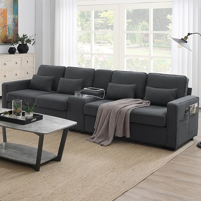 114" Modern Sofa, 4-seat Couch with Console, 2 Cupholders and 2 USB Ports Wired or Wirelessly Charged and 4 Pillows for Living Room, Apartment, 114.2inch, Dark Gray - LeafyLoom