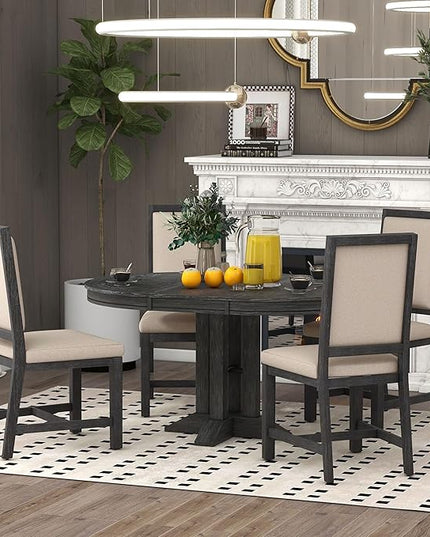 RITSU Farmhouse 5-Piece Dining Set, Included Retro Extendable Round Table with X-Shape Base and 4 Upholstered Chairs, Solid Wood Adjustable Dinette Furniture for Kitchen Living Room, Black, 1 - LeafyLoom