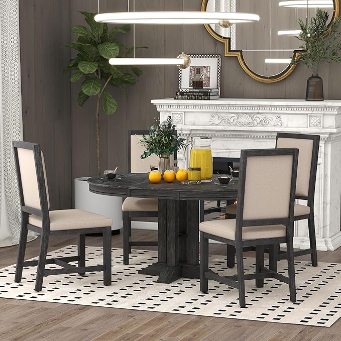RITSU Farmhouse 5-Piece Dining Set, Included Retro Extendable Round Table with X-Shape Base and 4 Upholstered Chairs, Solid Wood Adjustable Dinette Furniture for Kitchen Living Room, Black, 1 - LeafyLoom