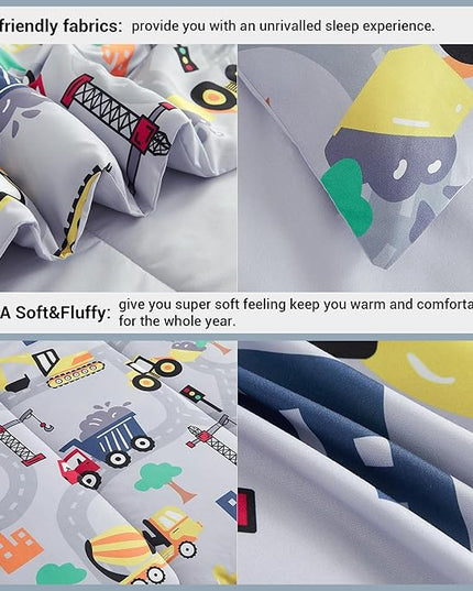 Mooreeke Bed in a Bag for Kids Boys Teens, 6 Pieces Twin Size Comforter Bed Set with Shams, Sheet Set and Decorative Toy Pillow, Excavator Super Soft Microfiber Kids Comforter Bedding Set - LeafyLoom