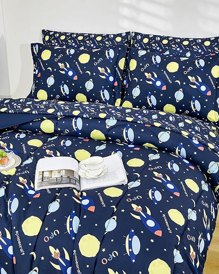 Mooreeke Bed in a Bag for Kids Girls Teens, 7 Pieces Full Size Comforter Bed Set with Shams, Sheet Set, Space Planet Blue Black Soft Microfiber Kids Comforter Bedding Set - LeafyLoom