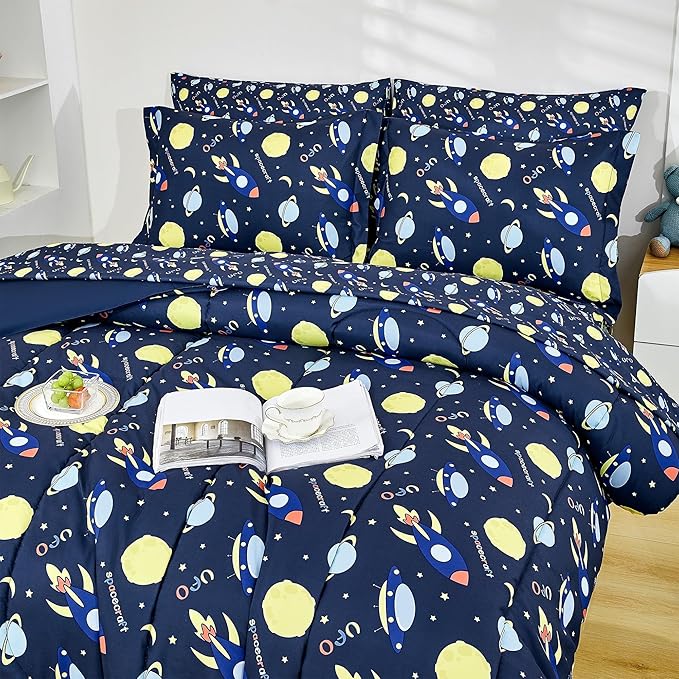 Mooreeke Bed in a Bag for Kids Girls Teens, 7 Pieces Full Size Comforter Bed Set with Shams, Sheet Set, Space Planet Blue Black Soft Microfiber Kids Comforter Bedding Set - LeafyLoom