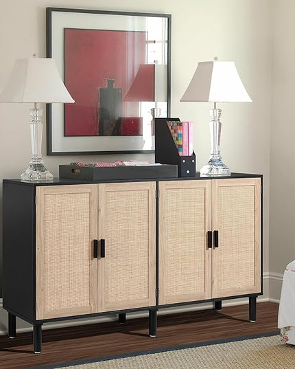 Finnhomy 4 Door Sideboard Buffet Cabinet, Kitchen Storage Cabinet with Rattan Decorated Doors, Cupboard Console Table, Boho Accent Liquor Cabinet, Bar Cabient, 62.3X 15.7X 34.6 Inches, Black - LeafyLoom
