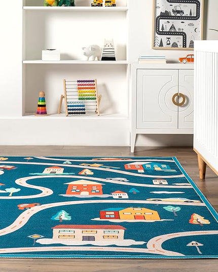 nuLOOM Zita Neighborhood Machine Washable Kids Ultra Thin Area Rug, 4' x 6', Blue Multi - LeafyLoom
