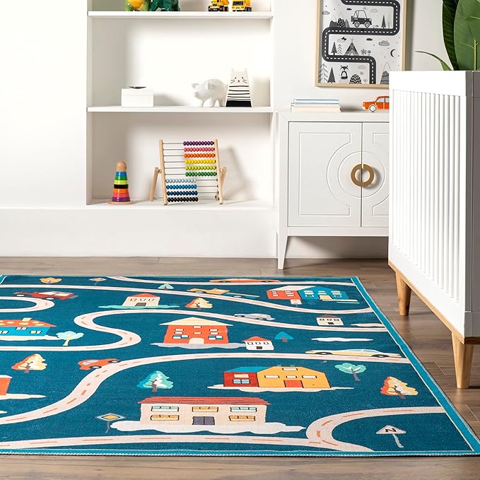 nuLOOM Zita Neighborhood Machine Washable Kids Ultra Thin Area Rug, 4' x 6', Blue Multi - LeafyLoom