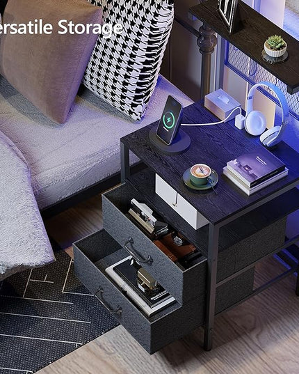 Tall Nightstand Set of 2 with Charging Station and LED Lights, Night Stand with Fabric Drawers, Bedside Table 36.4 Inch with Storage Shelves, Side Table, Mesh Shelves with Hooks, Black - LeafyLoom