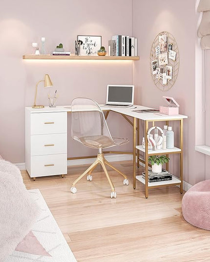 Techni Mobili L Shaped Desk - Two-Toned Computer Desk with Drawers & Storage Shelves - Simple Modern Furniture & Home Office Space Corner Table for Work & Writing - LeafyLoom
