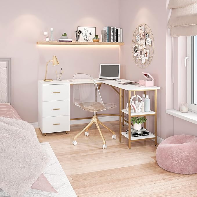 Techni Mobili L Shaped Desk - Two-Toned Computer Desk with Drawers & Storage Shelves - Simple Modern Furniture & Home Office Space Corner Table for Work & Writing - LeafyLoom