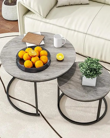 Nesting Round Coffee Table Set of 2 End Tables for Living Room,Grey Coffee Table Wooden Accent Furniture with Metal Frame,Stacking Side Tables,Black+Warm Grey - LeafyLoom