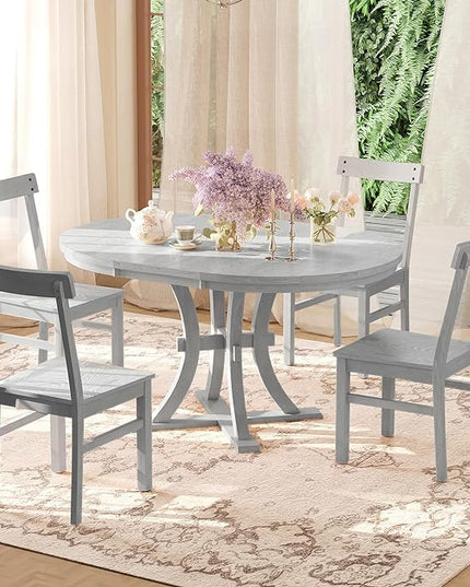 Merax 5-Piece Rustic Set with Round Pedestal Extendable Table and 15.7" Removable Leaf, Simple Dining Chirs for Small Places, Gray, Grey - LeafyLoom