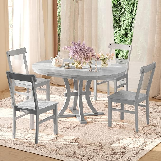 Merax 5-Piece Rustic Set with Round Pedestal Extendable Table and 15.7" Removable Leaf, Simple Dining Chirs for Small Places, Gray, Grey - LeafyLoom