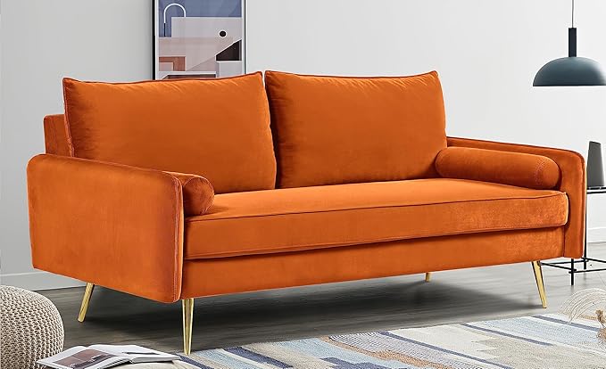 Kent Modern Sofa, European Style Velvet Living Room Furniture with Tapered Legs, Vintage Flair, and Sleek Design, Orange - LeafyLoom