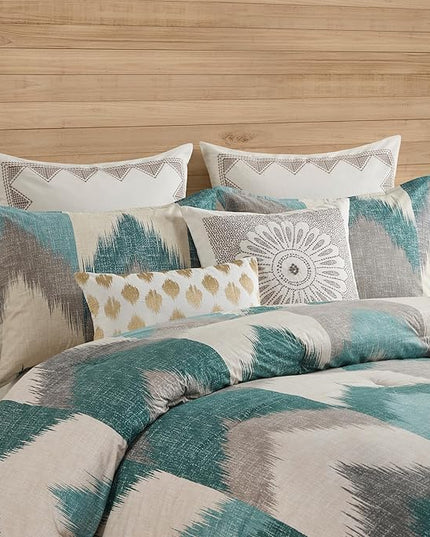 INK+IVY Queen Size Comforter Set, Cozy Cotton Comforter, All Season, Lightweight Comforter Queen Bed Set with 2 Matching Shams, Modern Cabin Lodge Ikat Chevron Design, Aqua Full/Queen 3 Piece - LeafyLoom