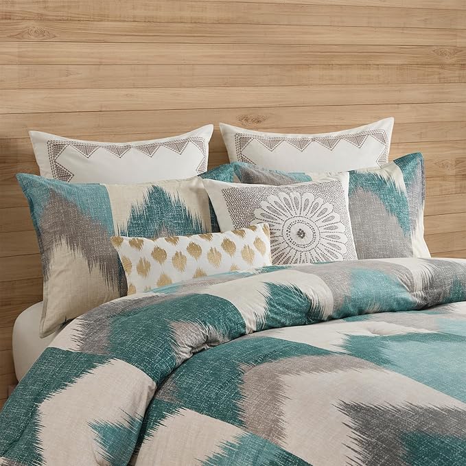 INK+IVY Queen Size Comforter Set, Cozy Cotton Comforter, All Season, Lightweight Comforter Queen Bed Set with 2 Matching Shams, Modern Cabin Lodge Ikat Chevron Design, Aqua Full/Queen 3 Piece - LeafyLoom