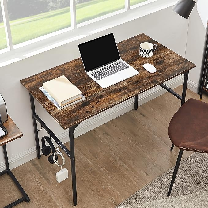 VECELO 44" Computer Writing Desk for Home Office, Study Table Workstation for Small Spaces with 6 Hooks & Adjustable Legs, Metal Frame,Brown, 44Inches - LeafyLoom