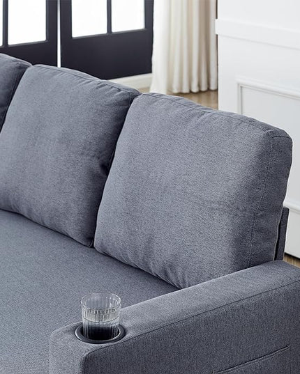 Reversible Sleeper Sectional Sofa with Storage Chaise and Pull Out Bed, L Shaped Linen Upholstery Convertible Corner Couch Sofabed with Cup Holders & Side Pockets for Living Room Office - LeafyLoom