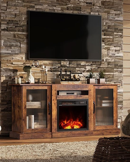 WLIVE Fireplace TV Stand for 65" TV, Entertainment Center with 18 Inch Electric Fireplace, TV Console with Open Shelves for Living Room and Bedroom, Rustic Brown - LeafyLoom