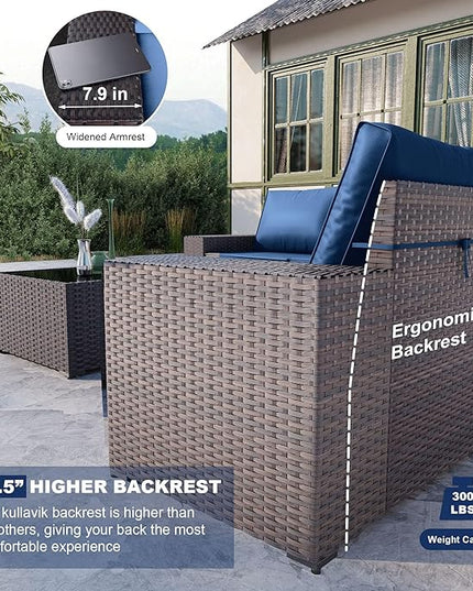Kullavik 6PCS Outdoor Patio Furniture Set PE Wicker Rattan Sectional Sofa Patio Conversation Sets,Navy blue - LeafyLoom