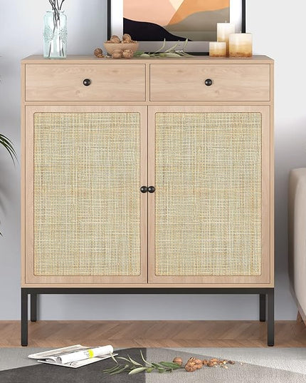 XIAO WEI Set of 2 Sideboard Cabinet with Handmade Natural Rattan Doors and Drawers, Rattan Cabinet Console Table Buffet Cabinet, for Kitchen, Living Room, Hallway, Entryway, Natural - LeafyLoom