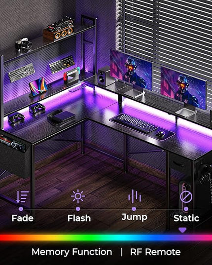 L Shaped Desk Gaming Desk with LED Lights & Power Outlets, Computer Desk with Storage Shelves, Corner Desk Home Office Desks for Bedroom, Black - LeafyLoom