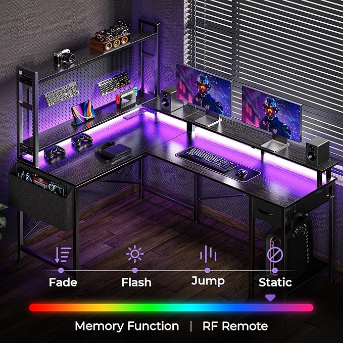 L Shaped Desk Gaming Desk with LED Lights & Power Outlets, Computer Desk with Storage Shelves, Corner Desk Home Office Desks for Bedroom, Black - LeafyLoom