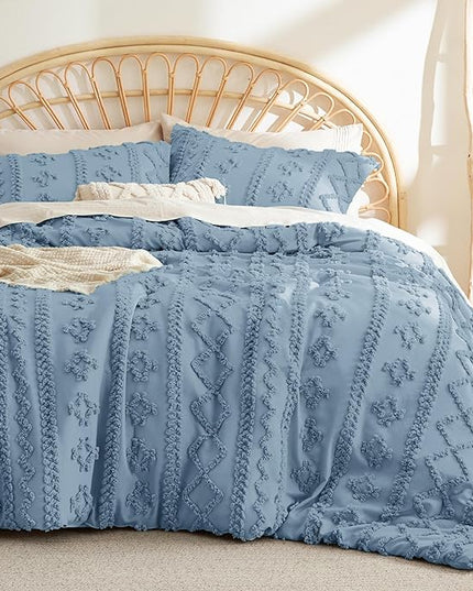 Bedsure Twin/Twin XL Comforter Set Dorm Bedding - Grayish Blue Boho Bedding Comforter Set, 2 Pieces Farmhouse Shabby Chic Embroidery Bed Set, Soft Jacquard Tufted Comforter for College - LeafyLoom