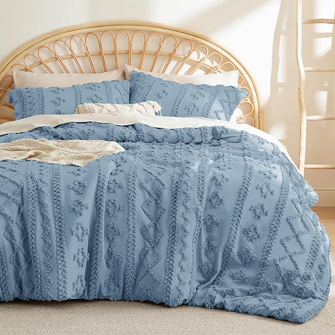 Bedsure Tufted Boho Comforter Set Full - Grayish Blue Boho Bedding Comforter Set, 3 Pieces Farmhouse Shabby Chic Embroidery Bed Set, Soft Jacquard Comforter for All Seasons - LeafyLoom