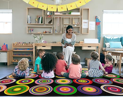 Flagship Carpets Color Rings Colorful Children's Area Rug for Kids Room Circle Seating Décor, Play Carpet for Teaching and Playing, Seats 35, 10'6" x 13'2, Black - LeafyLoom