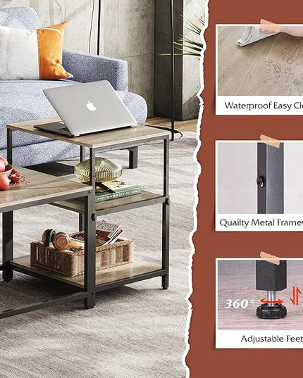 WLIVE Coffee Table for Living Room, Adjustable Coffee Table Set of 2 with End Table, Small Industrial Coffee Table with Side Table, Metal Frame and Wood Desktop, Greige - LeafyLoom