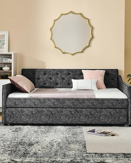 Full Size Upholstered Daybed with Twin Size Trundle, Tufted Sofa Bed w/Waved Shape Arms, for Bedroom Living Room, No Box Spring Needed & Space-Saving Design, Grey - LeafyLoom