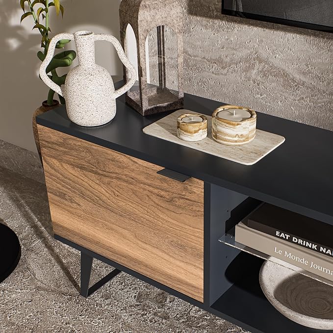 Atelier Mobili Mid Century Modern TV Stand | Farmhouse Entertainment Center for Living Room | TV Stand for 75 Inch TV | Gray TV Stand | Walnut TV Stand for Living Room 75 inch TV | Adjustable Shelf - LeafyLoom