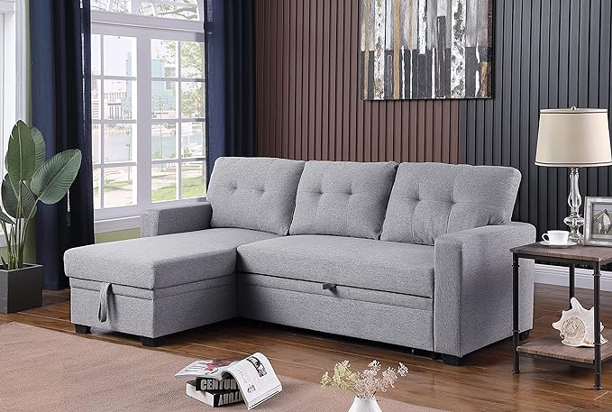 L Shaped Pull Out Sectional Sofa with Storage Chaise, 82 Inch Linen Upholstered Reversible Couch Sleeper Bed, for Living Room, Apartment and Office, Light Gray, 82 - LeafyLoom