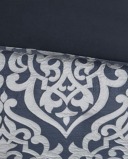 Madison Park Odette Cozy Comforter Set Jacquard Damask Medallion Design - Modern All Season, Down Alternative Bedding, Shams, Decorative Pillows, Cal King(104 in x 92 in), Navy 8 Piece - LeafyLoom