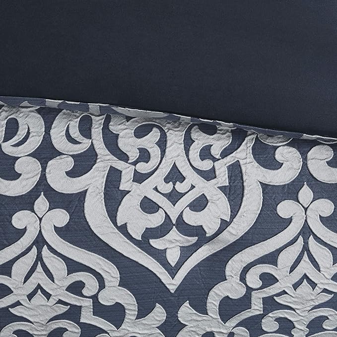 Madison Park Odette Cozy Comforter Set Jacquard Damask Medallion Design - Modern All Season, Down Alternative Bedding, Shams, Decorative Pillows, Cal King(104 in x 92 in), Navy 8 Piece - LeafyLoom