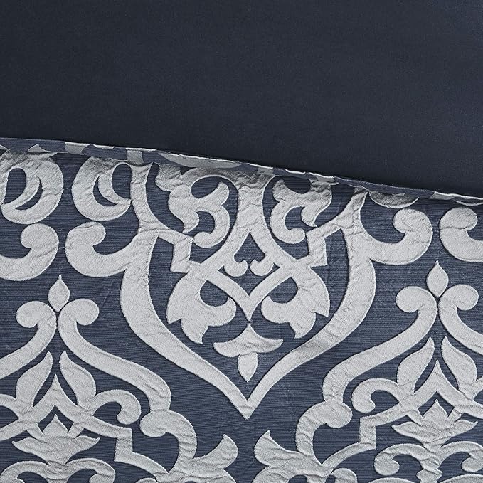 Madison Park Odette Cozy Comforter Set Jacquard Damask Medallion Design - Modern All Season, Down Alternative Bedding, Shams, Decorative Pillows, Queen(90 in x 90 in),Navy 8 Piece - LeafyLoom