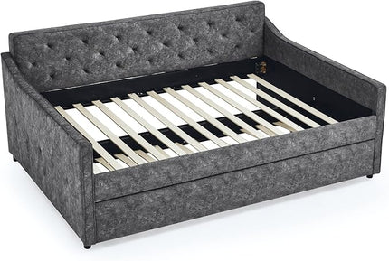 Full Size Daybed with win Size Trundle, Upholstered Tufted Day Bed, with Button Back and Waved Shape Arms, Wood Slat Support, No Spring Box Need, for Bedroom, Livingroom, Grey - LeafyLoom