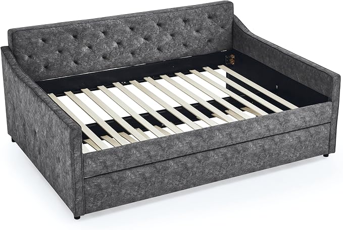 Full Size Daybed with win Size Trundle, Upholstered Tufted Day Bed, with Button Back and Waved Shape Arms, Wood Slat Support, No Spring Box Need, for Bedroom, Livingroom, Grey - LeafyLoom