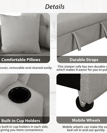 Boucle Upholstered Reversible Sleeper Sectional Sofa with Pull Out Bed , 3 Seater L Shaped Convertible Corner Couch with Cupholders&USB Ports, Power Sockets, Small Pullout Sofabed for Living Room - LeafyLoom