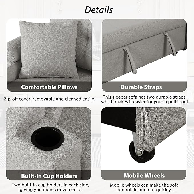 Boucle Upholstered Reversible Sleeper Sectional Sofa with Pull Out Bed , 3 Seater L Shaped Convertible Corner Couch with Cupholders&USB Ports, Power Sockets, Small Pullout Sofabed for Living Room - LeafyLoom